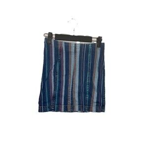 Free People Denim Mini Skirt Striped Size 0  Color Block Boho Cotton Blue